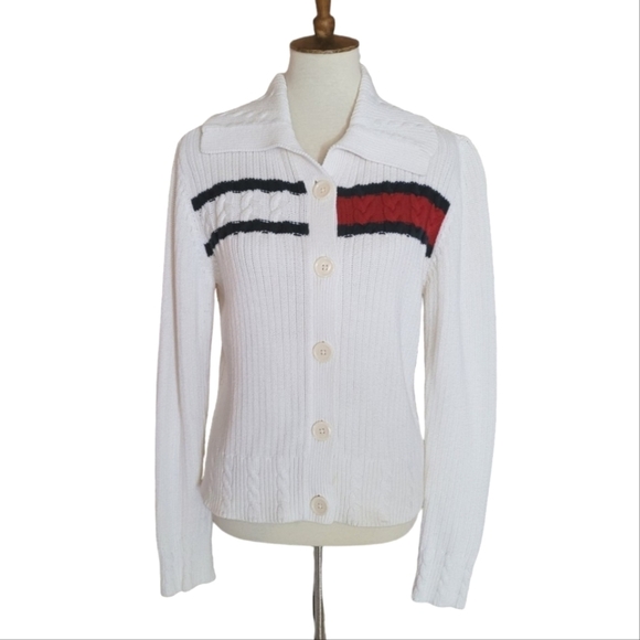 Tommy Hilfiger 90's White Blue and Red Classic Cable‎ Knit Cardigan - Picture 2 of 7